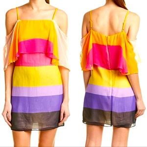 Trina Turk Orange and Purple Striped Silk Off-The-Shoulder Dress / Size 6